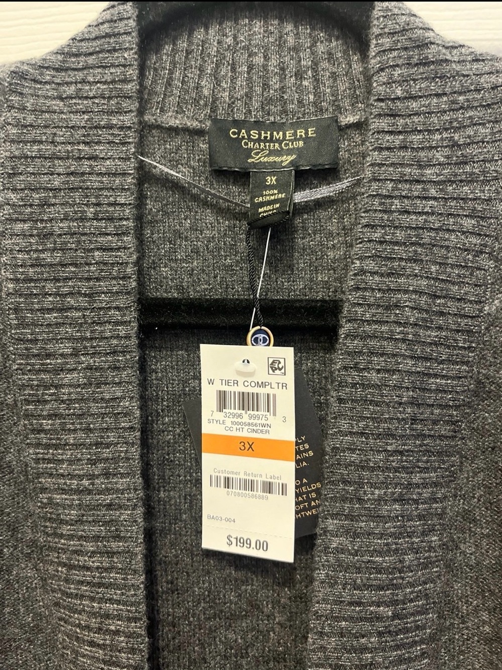Charter Club Dark Gray Cashmere Shawl Collar Cardigan - 3X